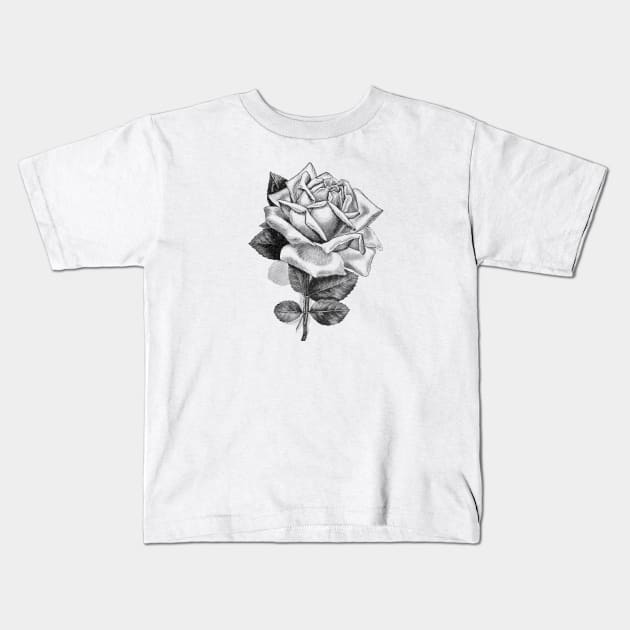 Rose Flower Black and White Illustration Kids T-Shirt by Biophilia